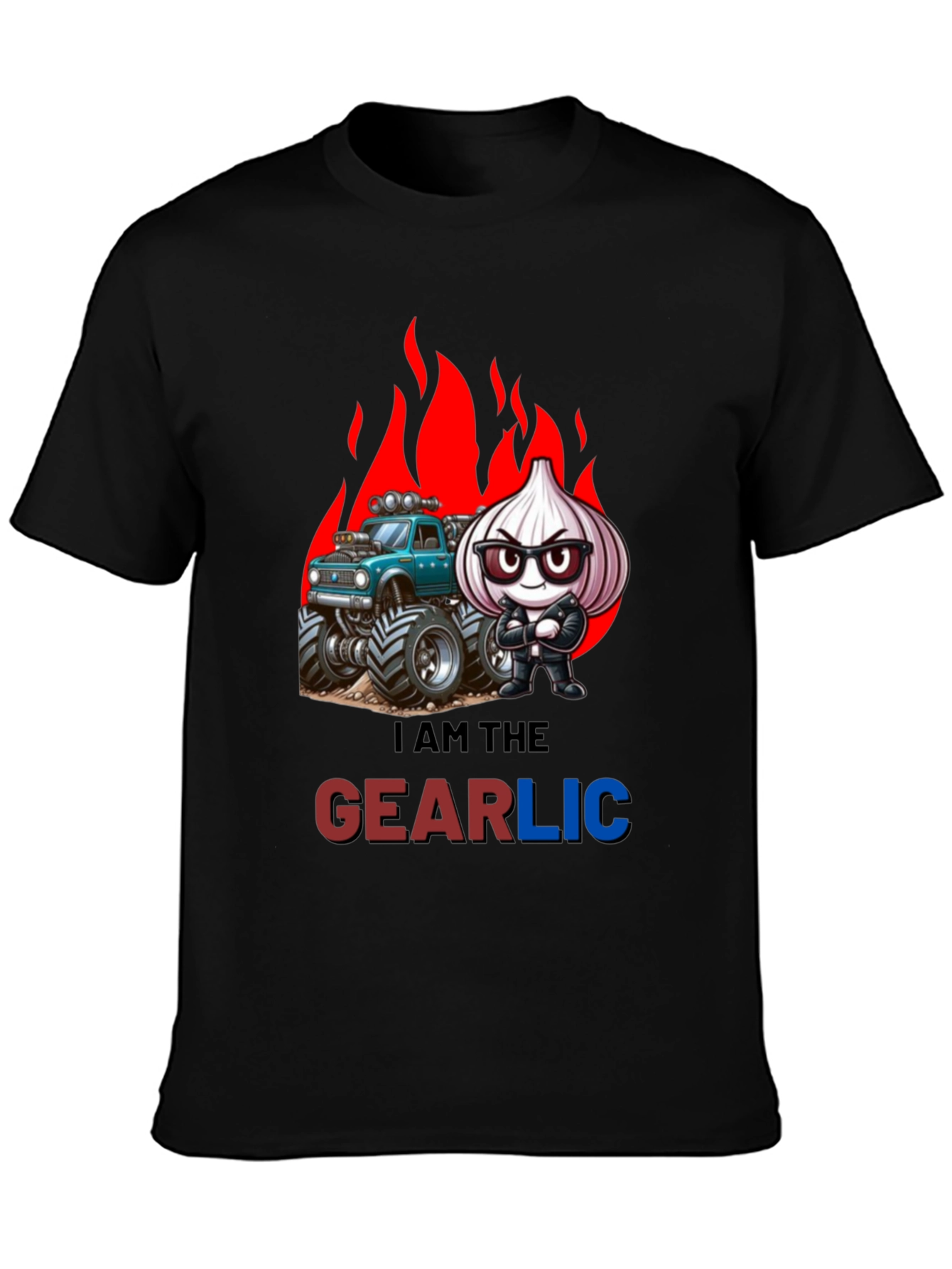 Camiseta Negra GEARLIC con Diseño de Ajo y Camioneta