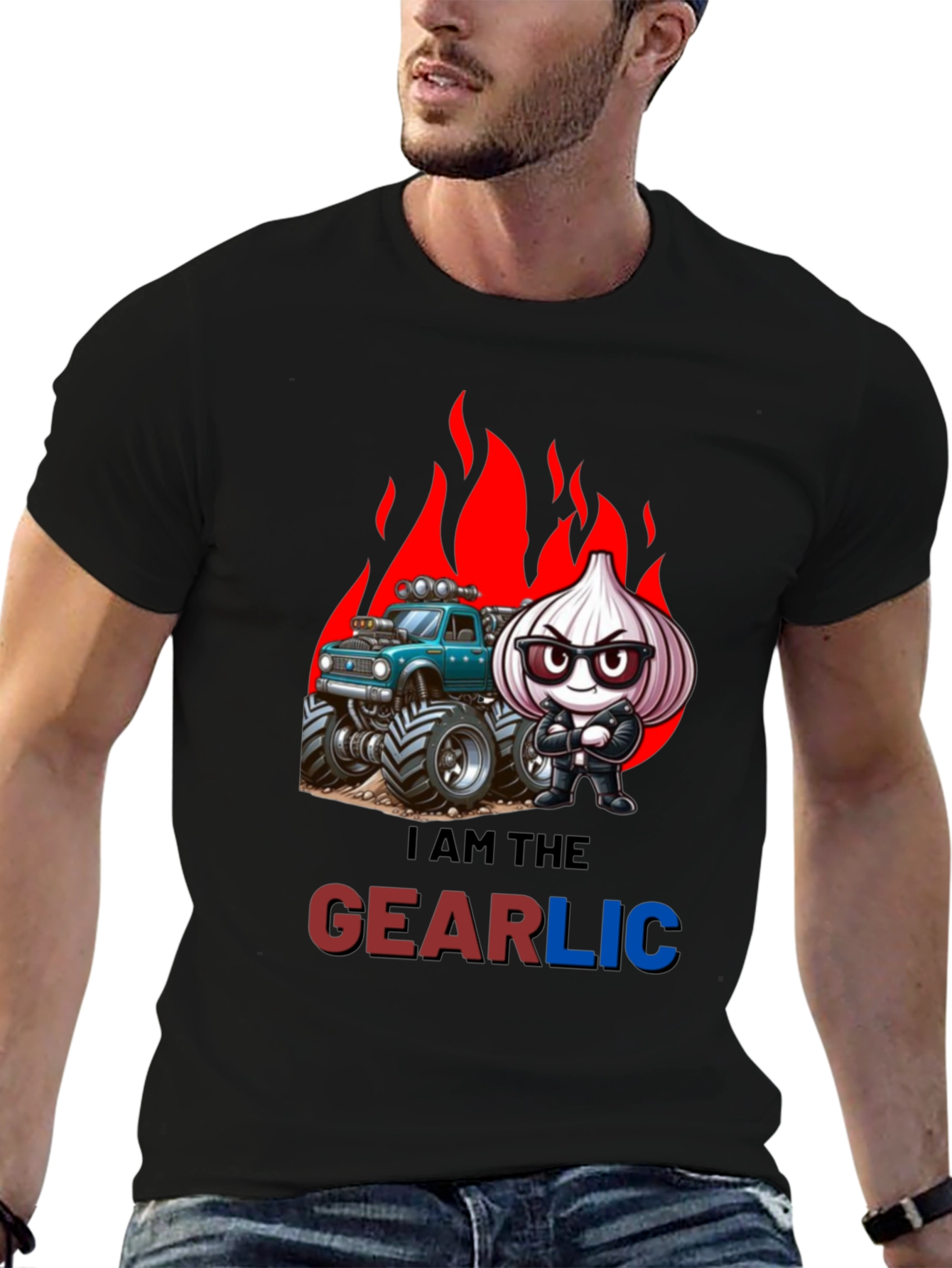 Camiseta Negra GEARLIC con Diseño de Ajo y Camioneta