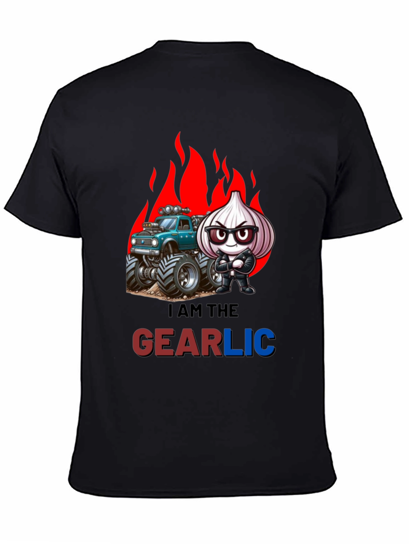 Camiseta Negra GEARLIC con Diseño de Ajo y Camioneta