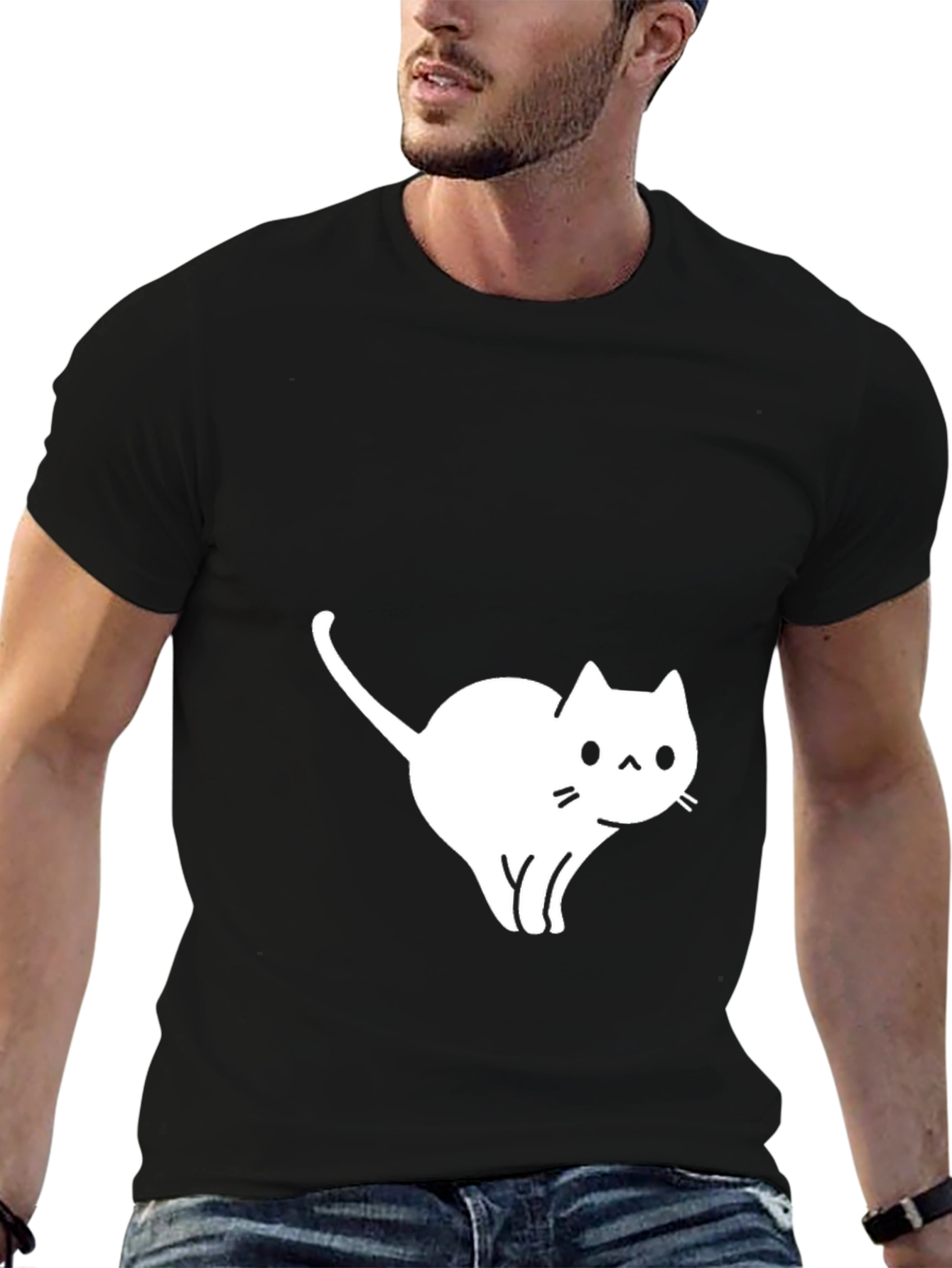 Camiseta Negra Gato Blanco Diseño Casual