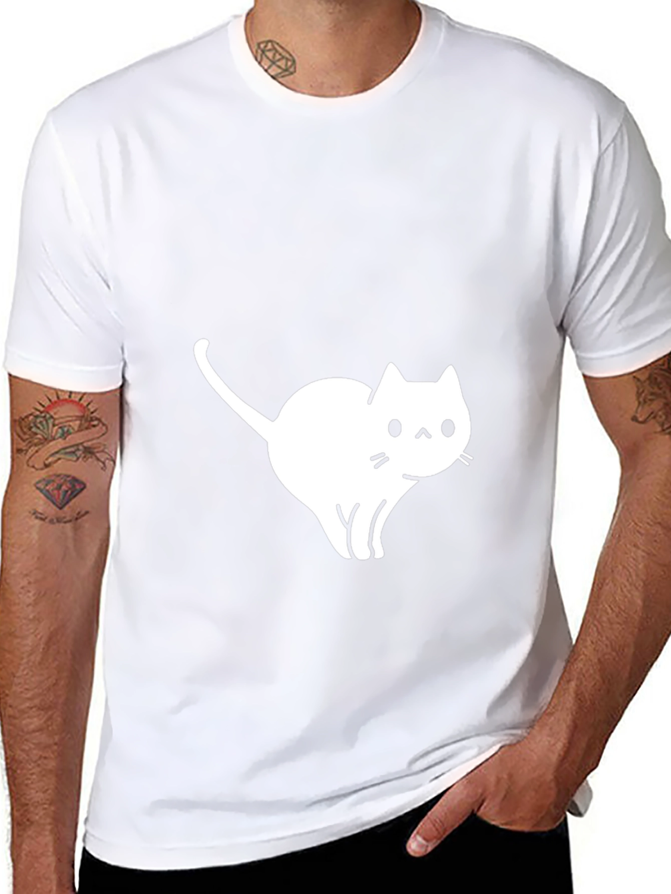 Camiseta Negra Gato Blanco Diseño Casual