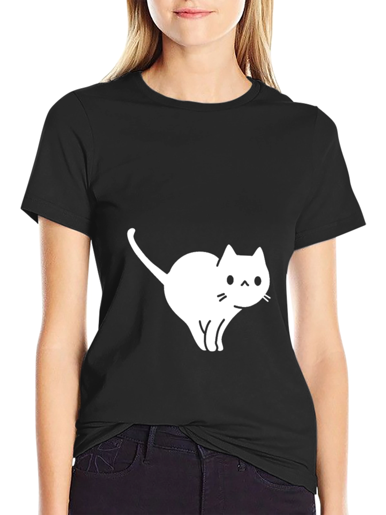Camiseta Negra Gato Blanco Diseño Casual