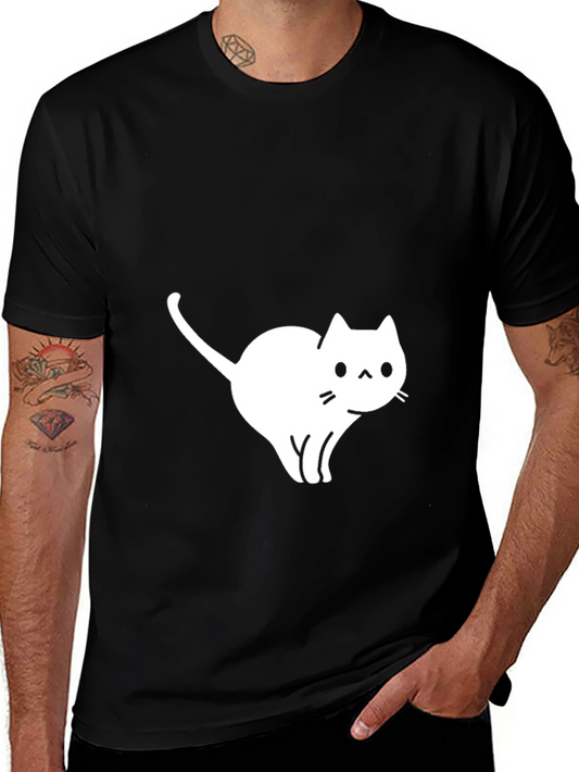 Camiseta Negra Gato Blanco Diseño Casual