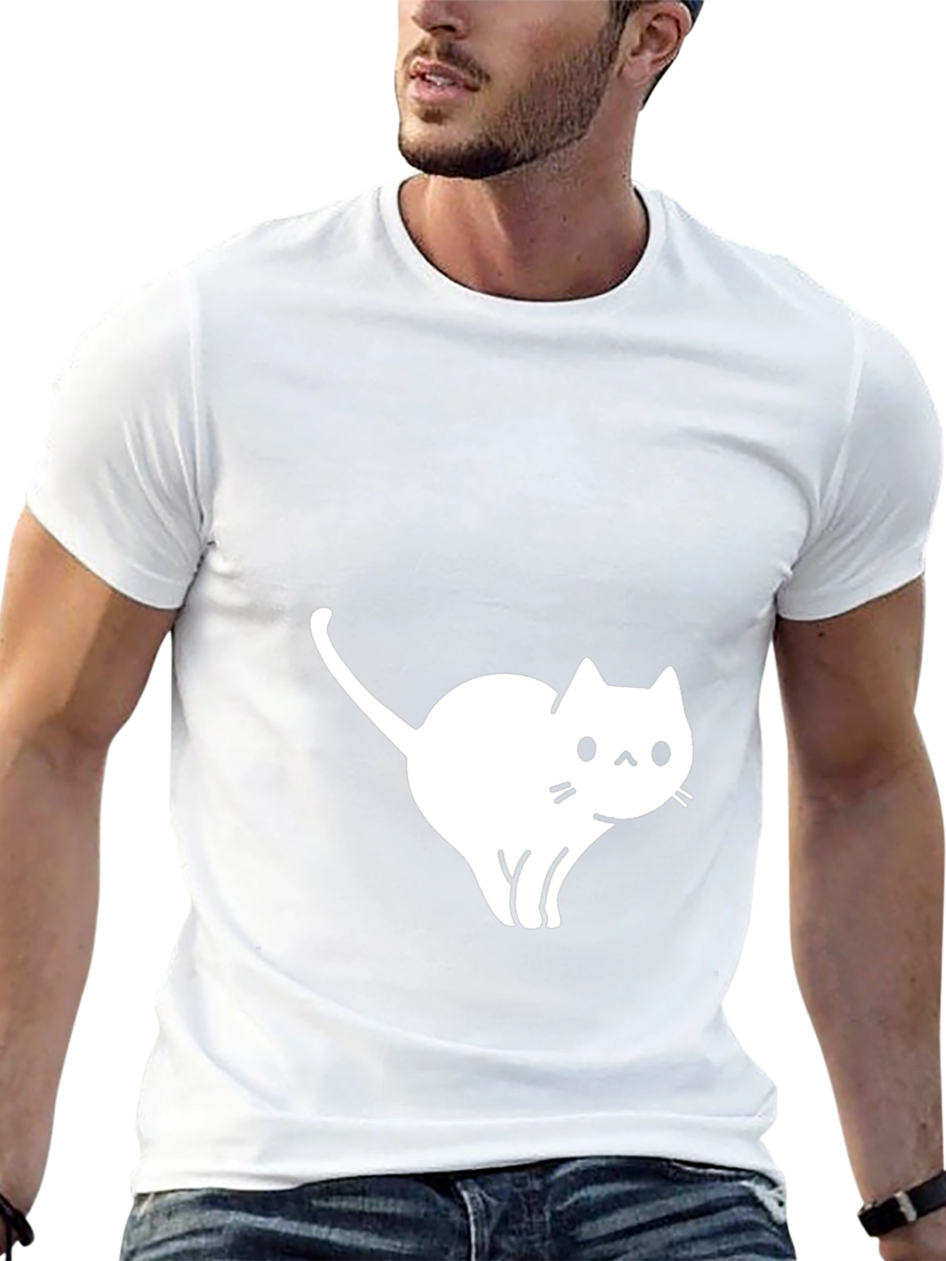 Camiseta Negra Gato Blanco Diseño Casual