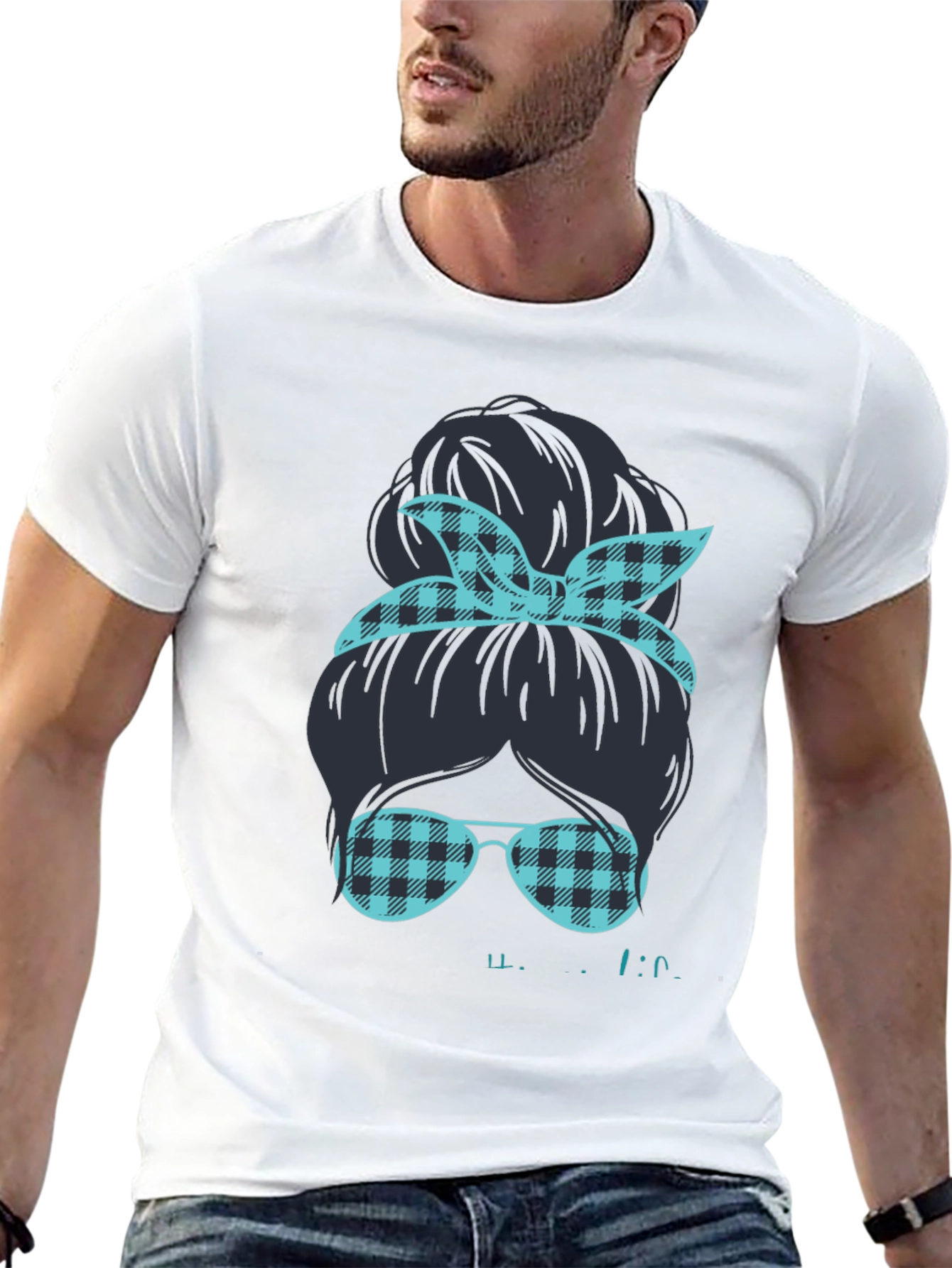 Camiseta Negra Estampada con Moño y Gafas a Cuadros