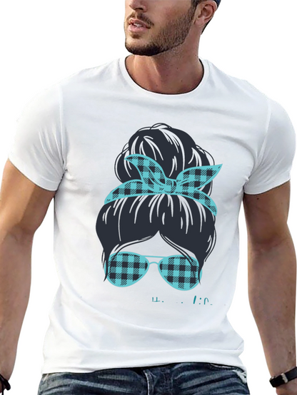 Camiseta Negra Estampada con Moño y Gafas a Cuadros
