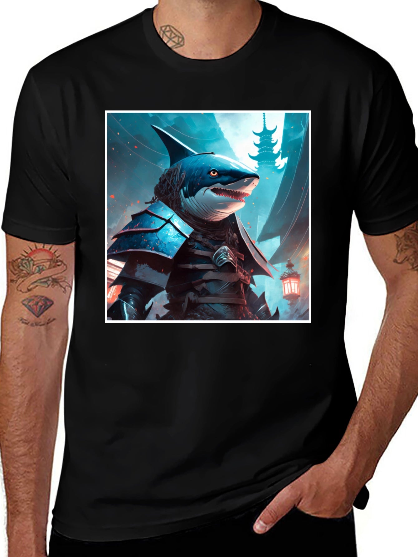 Camiseta Negra con Diseño de Tiburón Guerrero Japonés