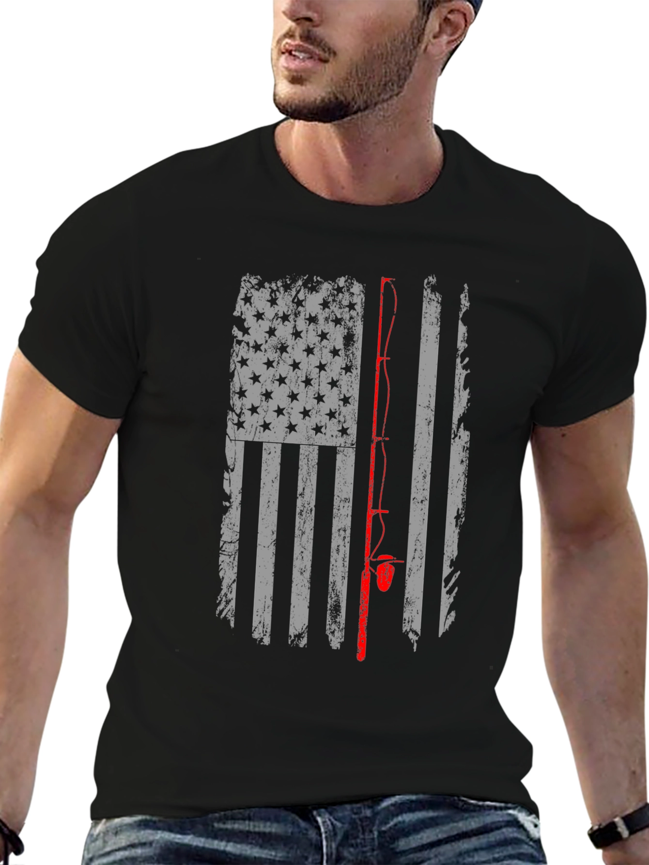 Camiseta Negra con Diseño de Bandera de Pesca Americana