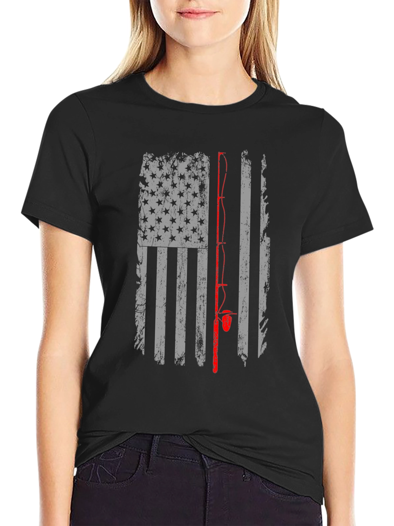 Camiseta Negra con Diseño de Bandera de Pesca Americana