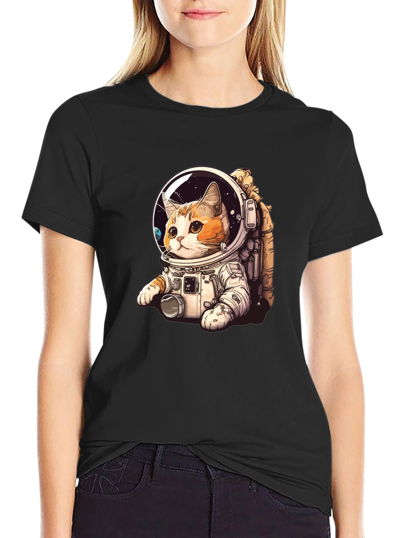 Camiseta Negra con Gato Astronauta