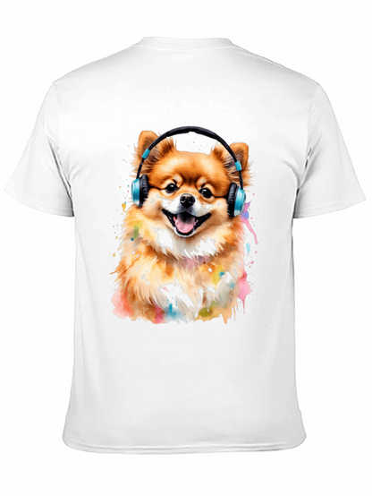 Camiseta Negra con Diseño de Perro Pomerania con Audífonos