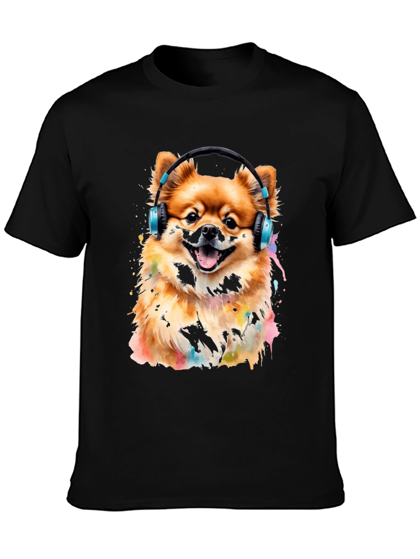 Camiseta Negra con Diseño de Perro Pomerania con Audífonos