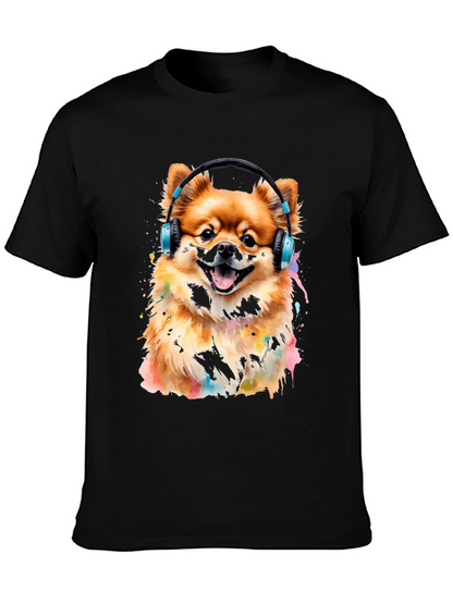 Camiseta Negra con Diseño de Perro Pomerania con Audífonos