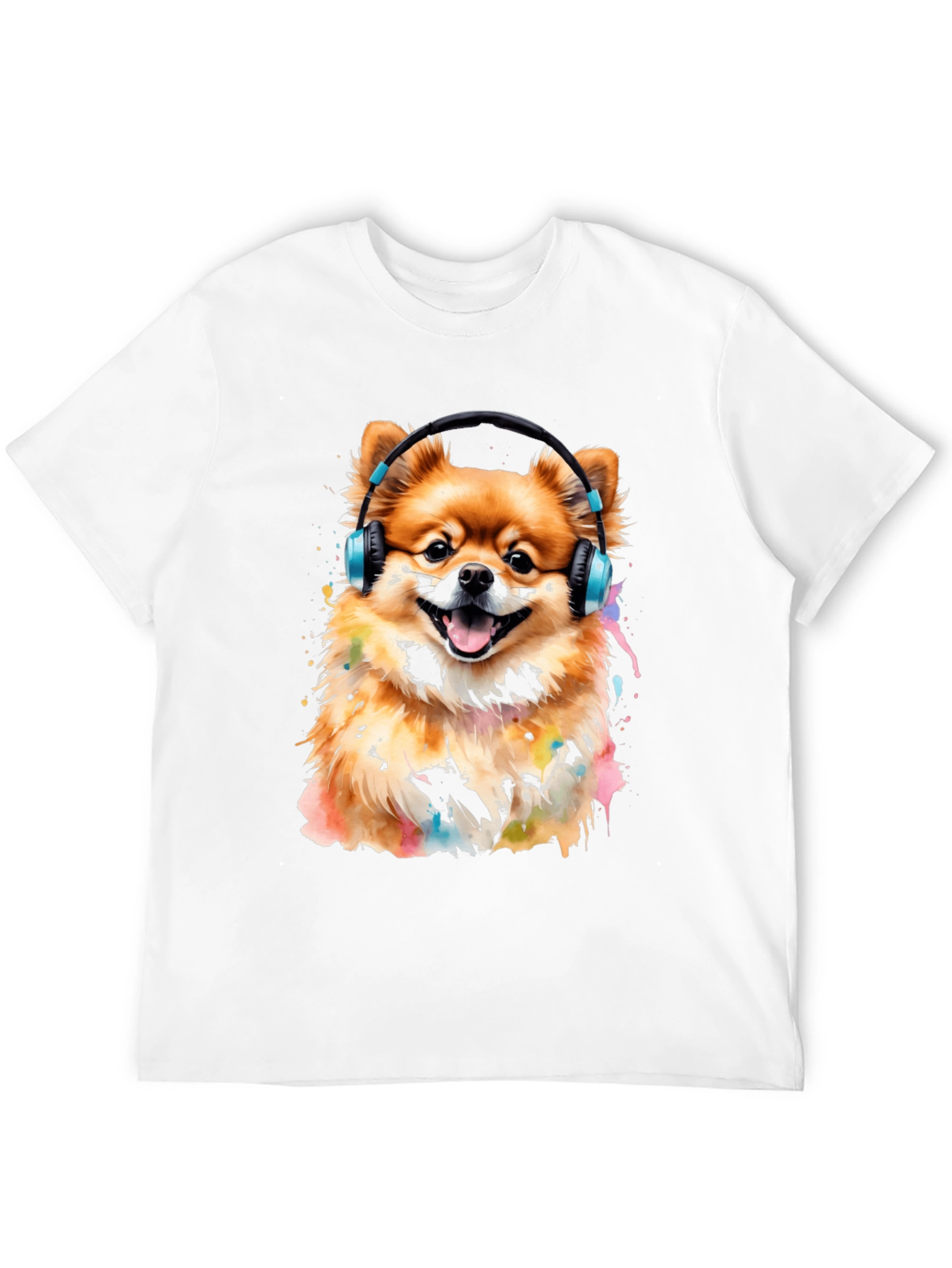Camiseta Negra con Diseño de Perro Pomerania con Audífonos