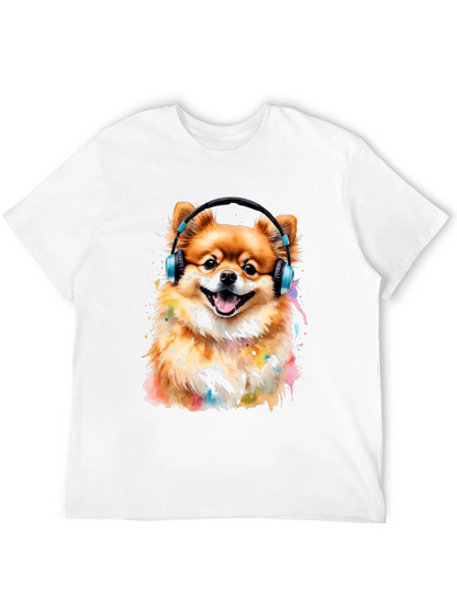 Camiseta Negra con Diseño de Perro Pomerania con Audífonos