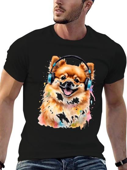 Camiseta Negra con Diseño de Perro Pomerania con Audífonos
