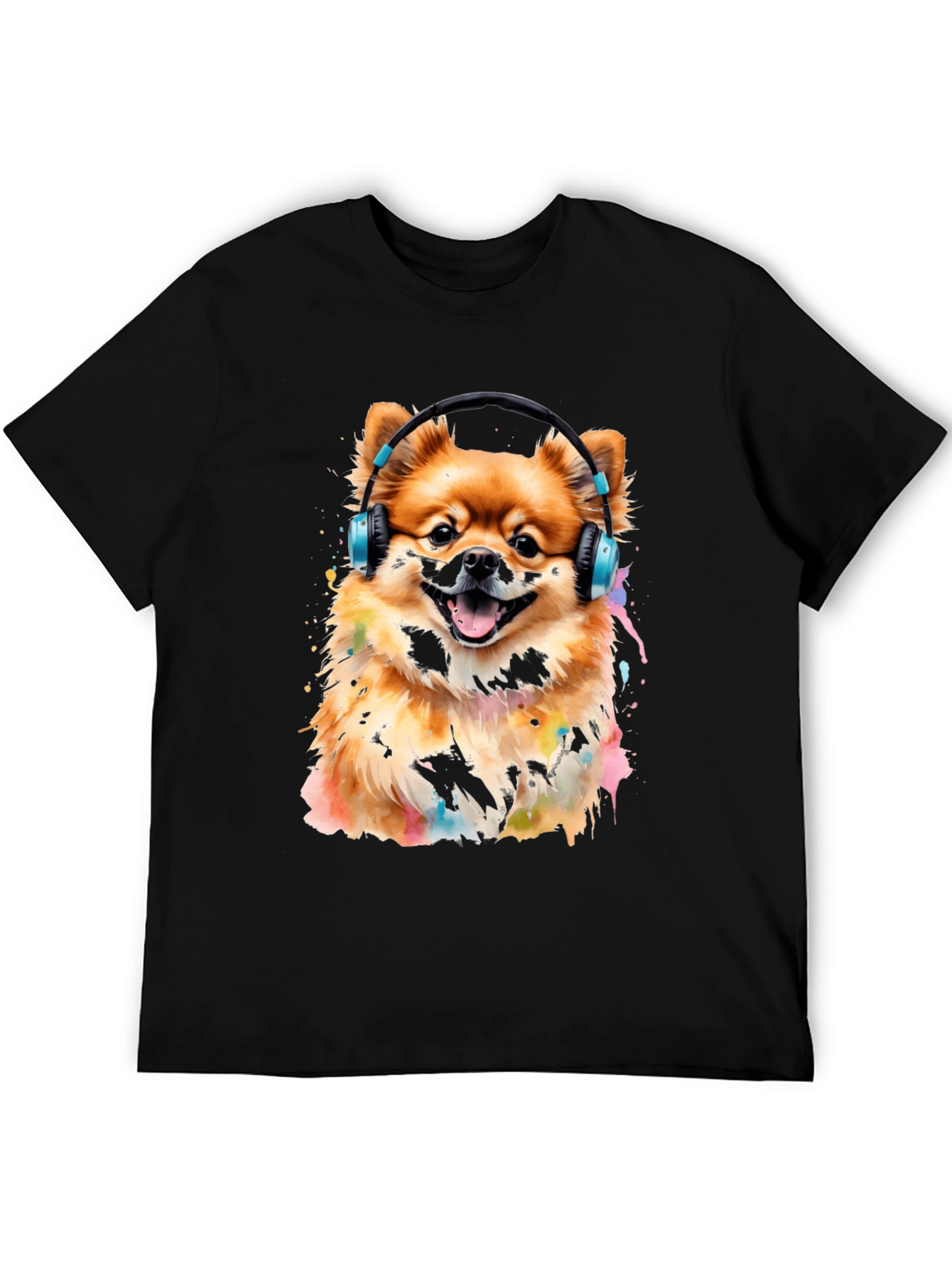 Camiseta Negra con Diseño de Perro Pomerania con Audífonos