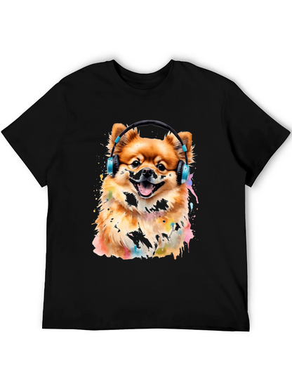 Camiseta Negra con Diseño de Perro Pomerania con Audífonos