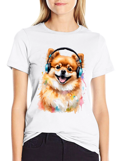 Camiseta Negra con Diseño de Perro Pomerania con Audífonos