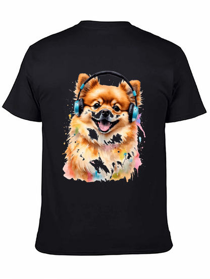Camiseta Negra con Diseño de Perro Pomerania con Audífonos