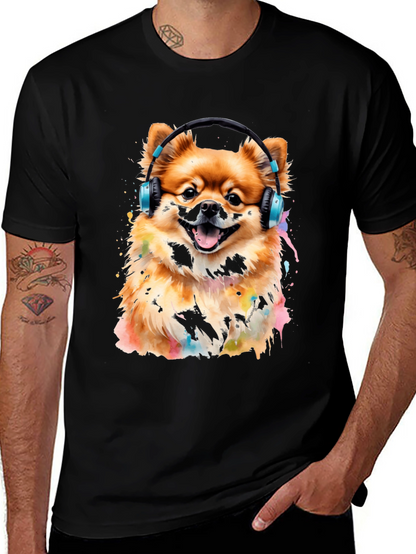 Camiseta Negra con Diseño de Perro Pomerania con Audífonos