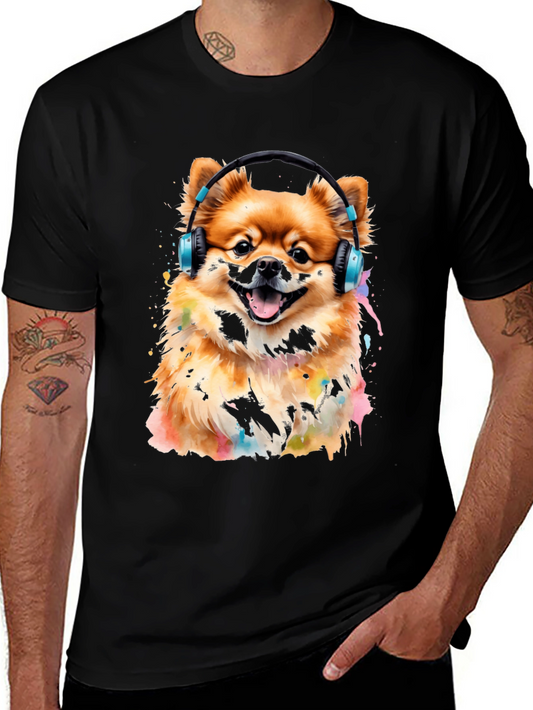 Camiseta Negra con Diseño de Perro Pomerania con Audífonos