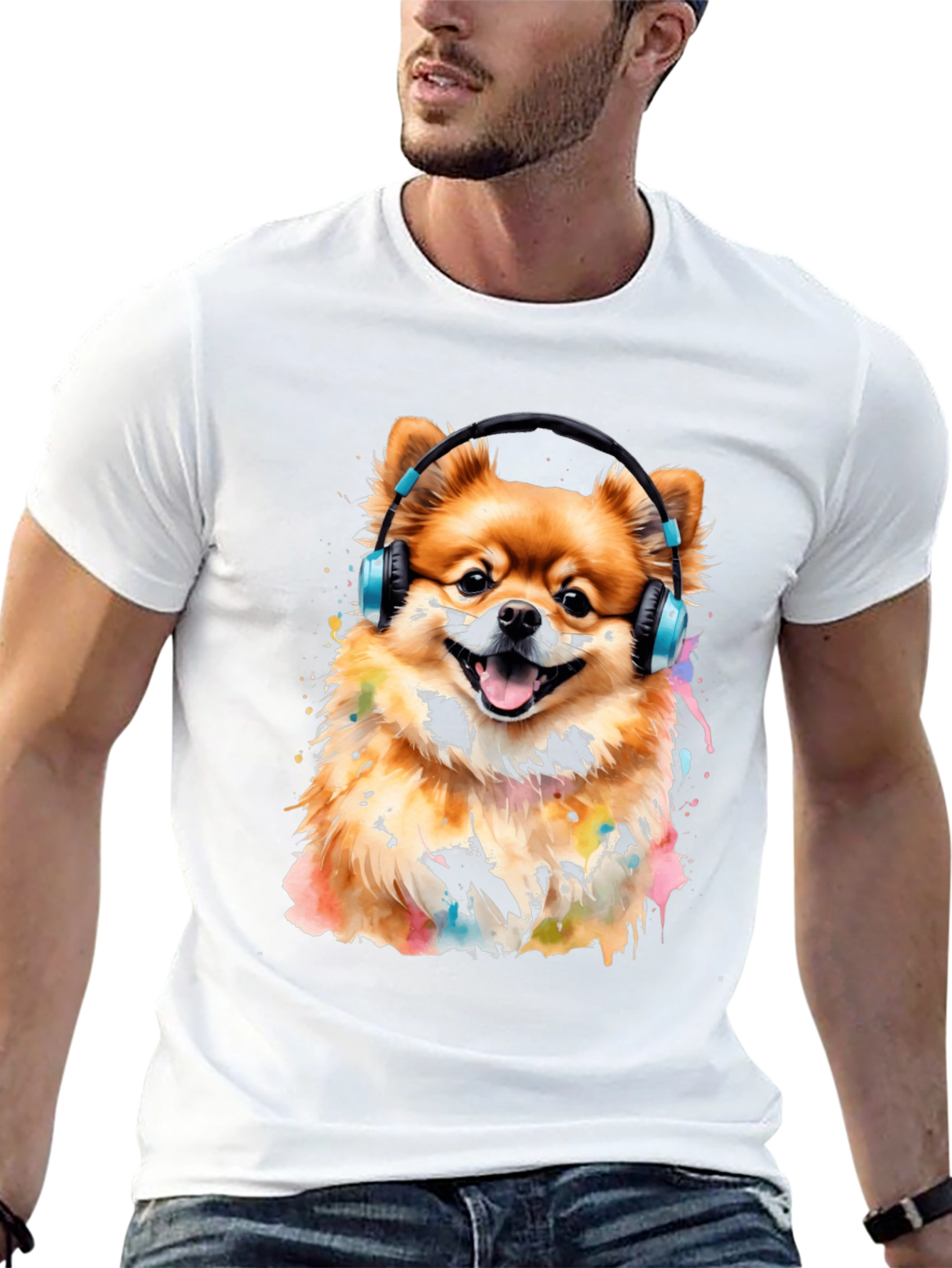 Camiseta Negra con Diseño de Perro Pomerania con Audífonos