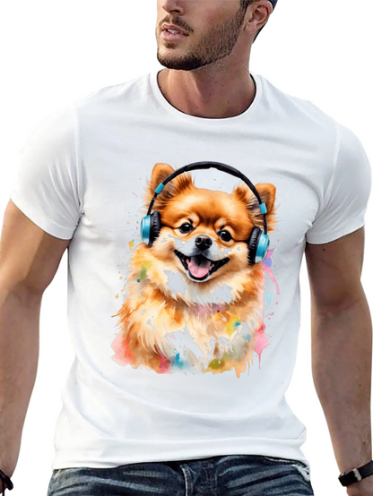 Camiseta Negra con Diseño de Perro Pomerania con Audífonos