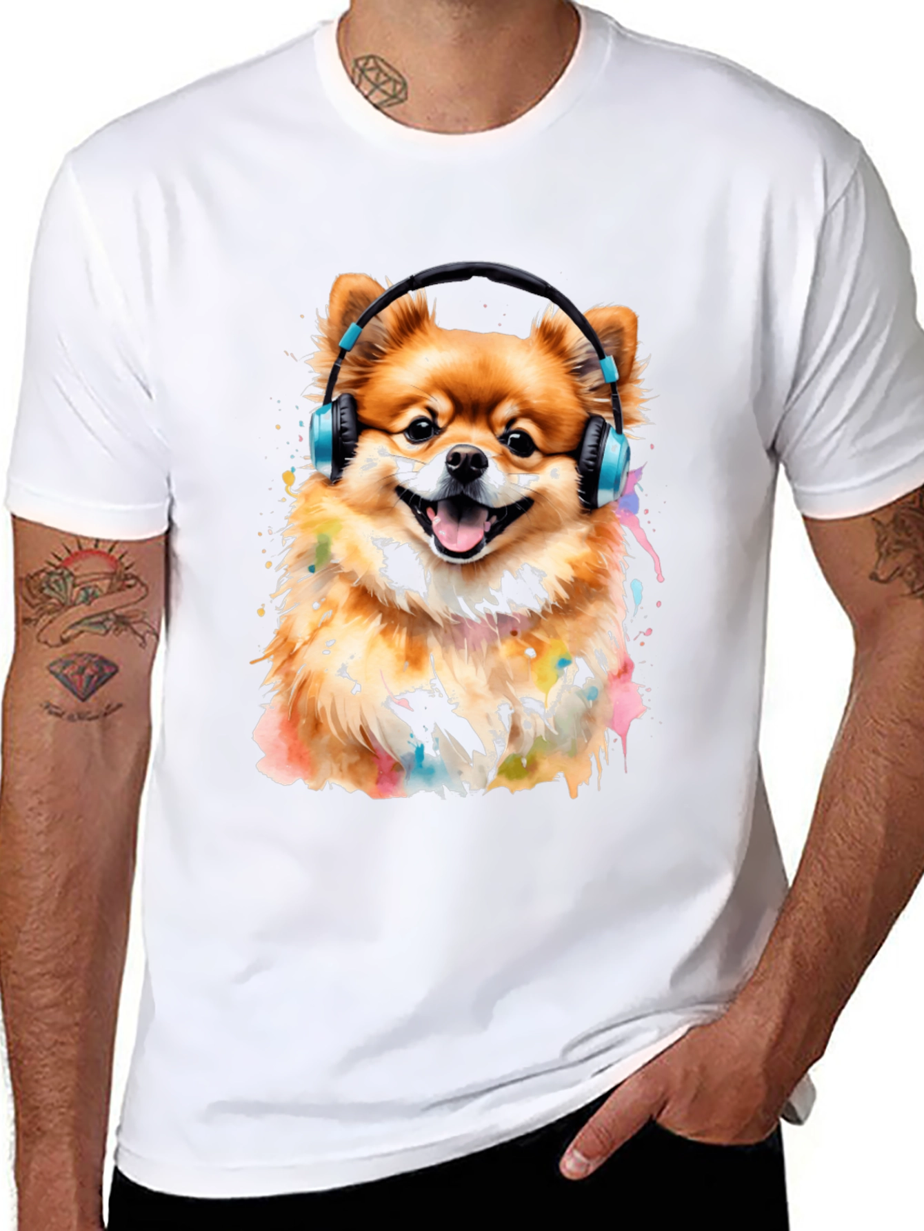 Camiseta Negra con Diseño de Perro Pomerania con Audífonos