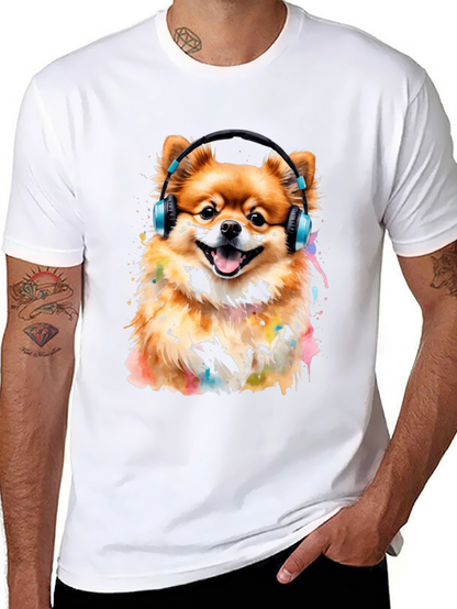 Camiseta Negra con Diseño de Perro Pomerania con Audífonos