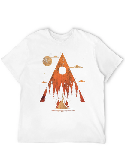 Camiseta Negra Gráfico de Fogata y Montañas