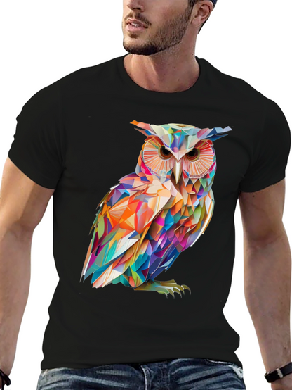 Camiseta Negra con Búho Geométrico Abstracto