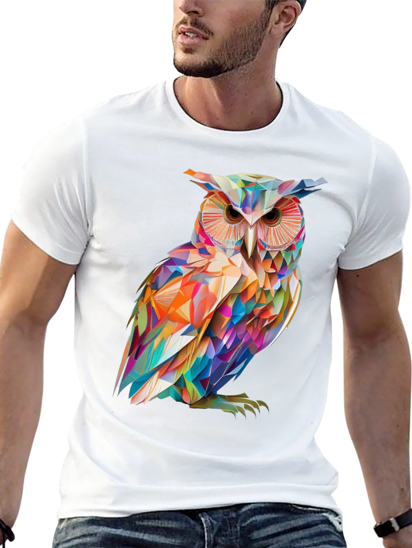 Camiseta Negra con Búho Geométrico Abstracto