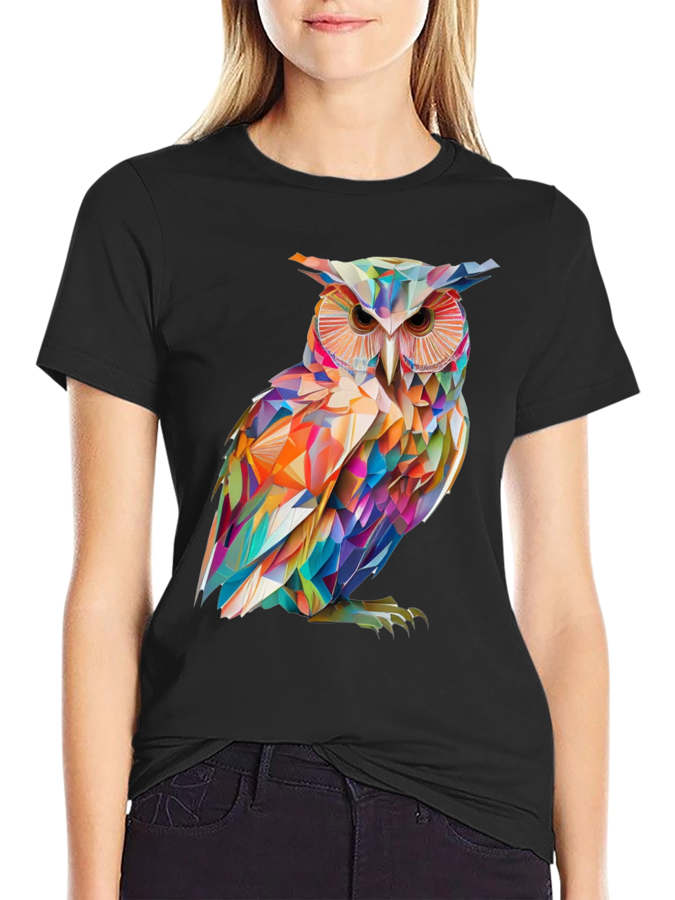 Camiseta Negra con Búho Geométrico Abstracto