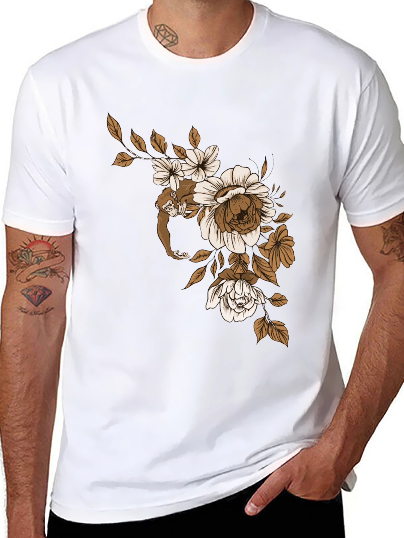 Camiseta Negra con Mono y Flores