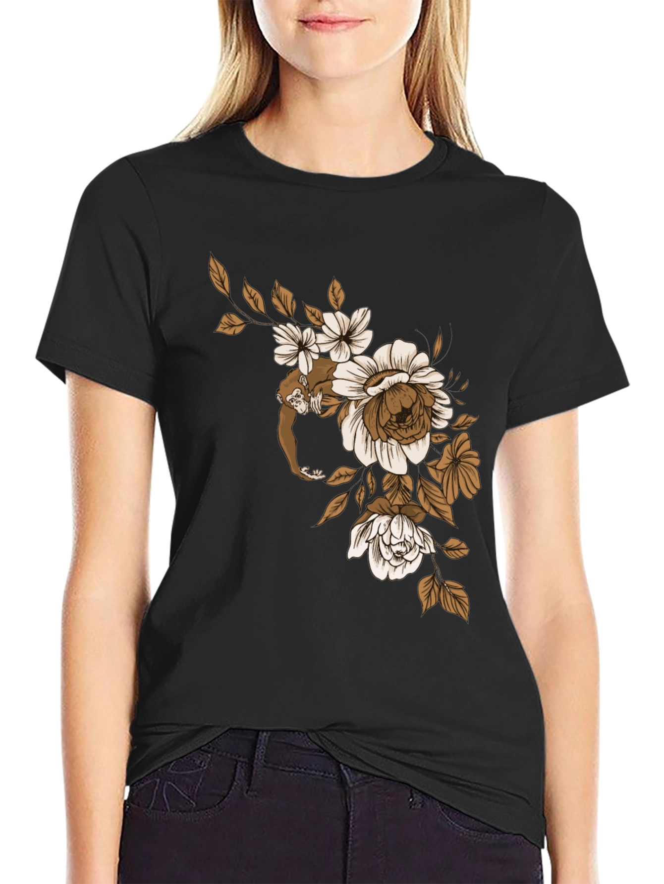Camiseta Negra con Mono y Flores