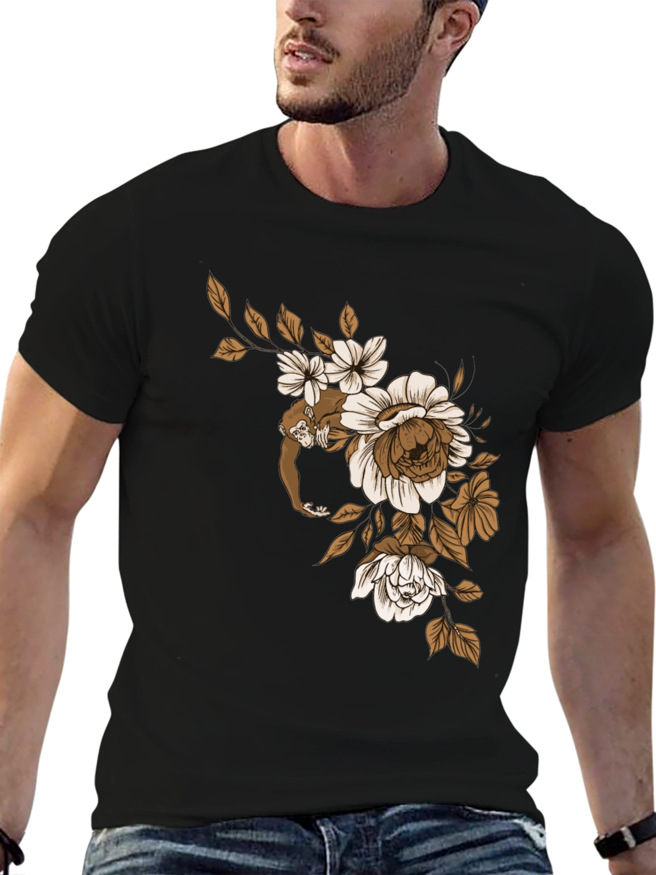 Camiseta Negra con Mono y Flores