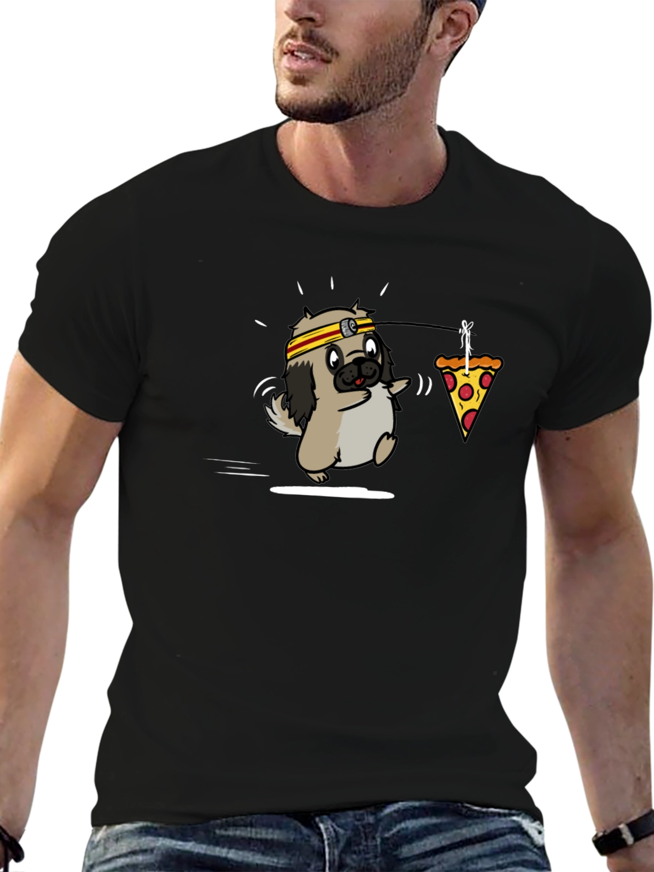 Camiseta Negra con Diseño Divertido de Perro y Pizza