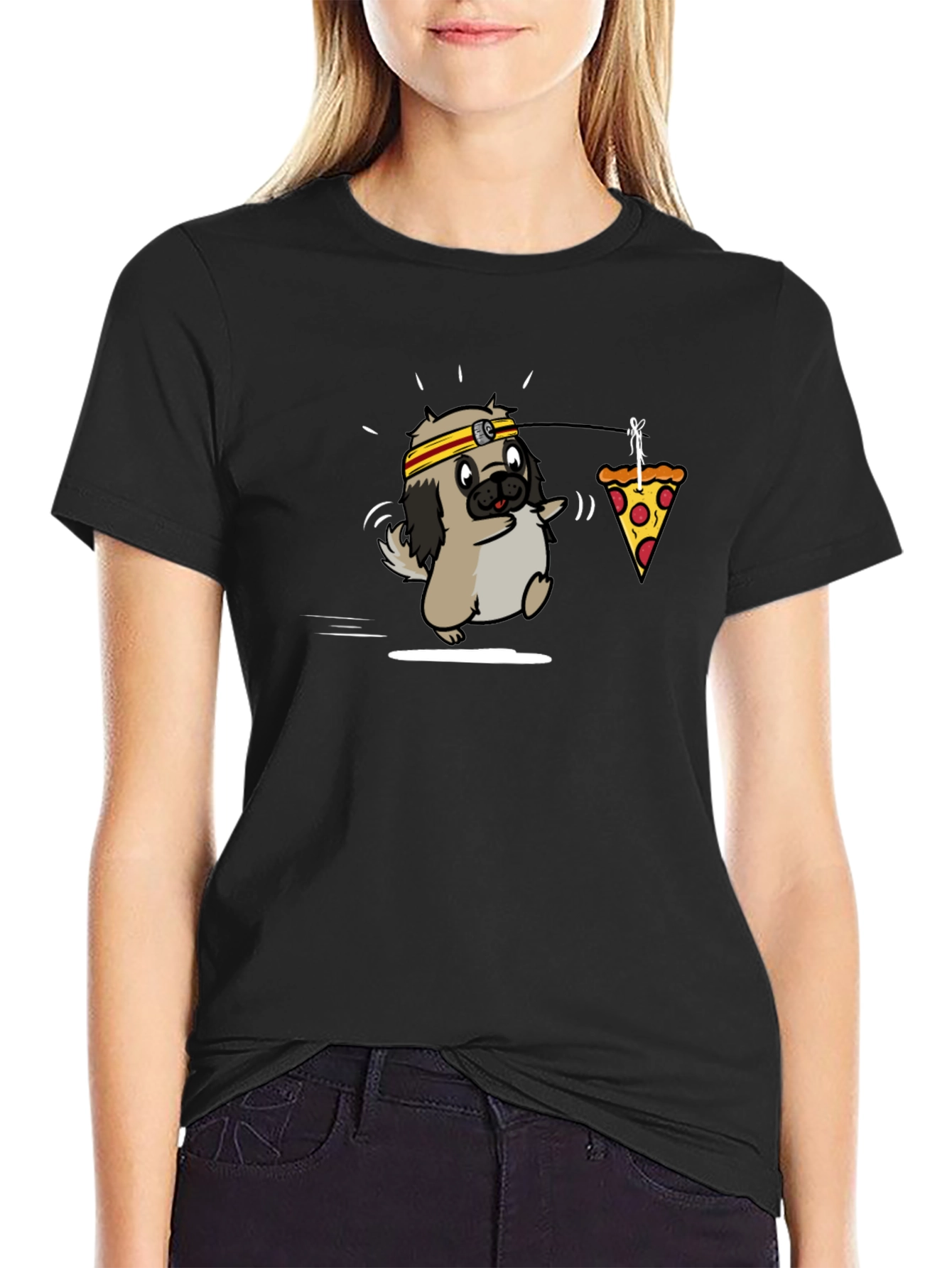 Camiseta Negra con Diseño Divertido de Perro y Pizza