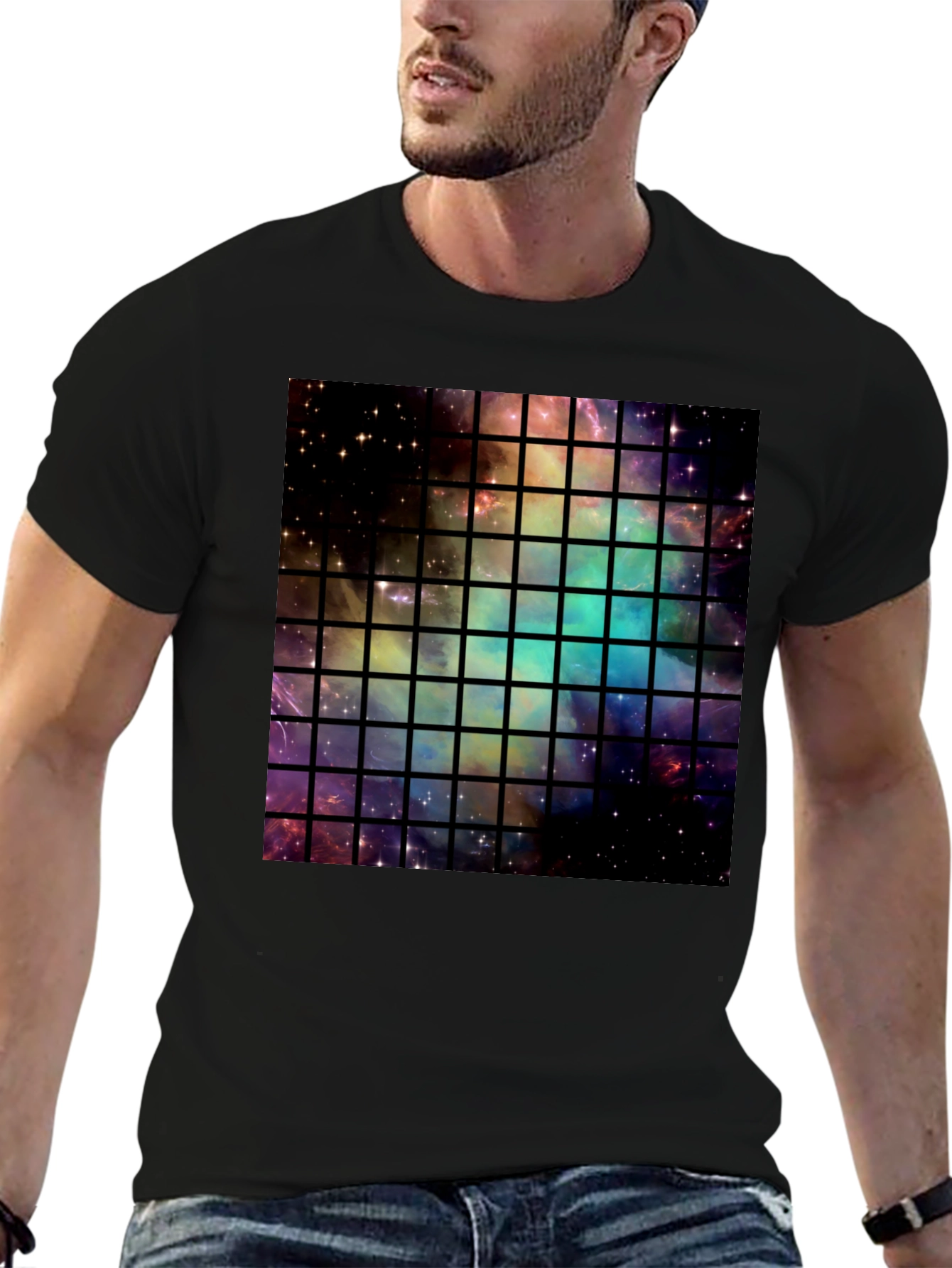 Camiseta Negra con Diseño Espacial Cuadrado