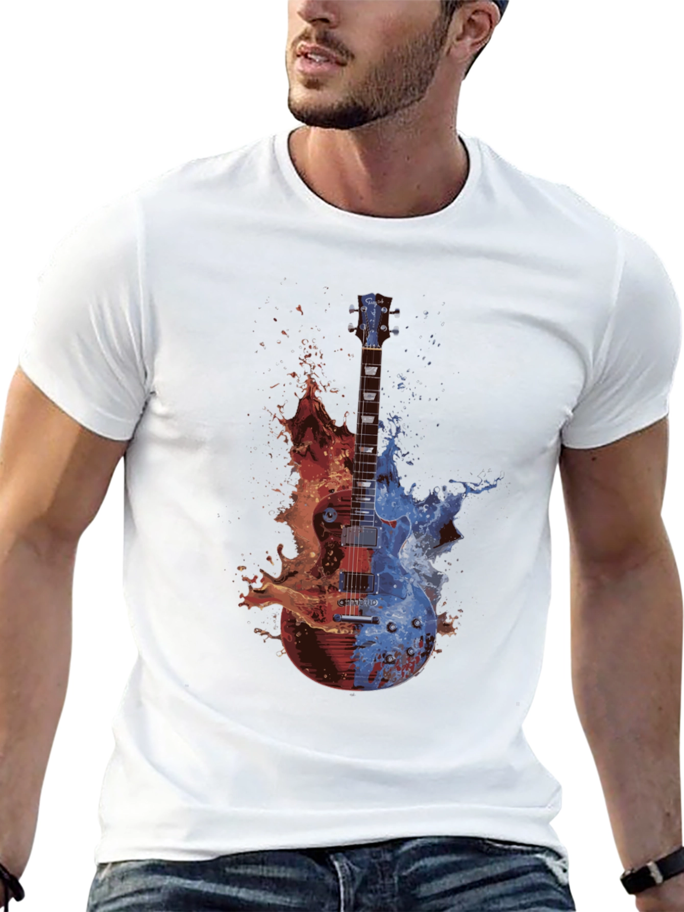 Camiseta Negra Guitarra Fuego y Agua