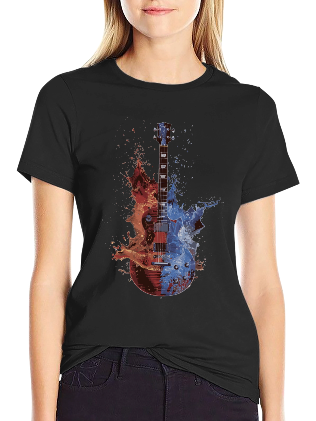 Camiseta Negra Guitarra Fuego y Agua