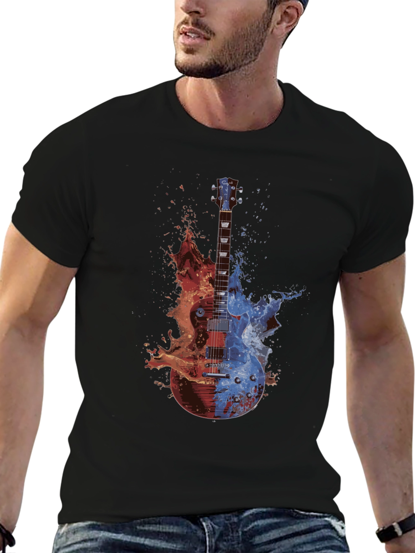 Camiseta Negra Guitarra Fuego y Agua