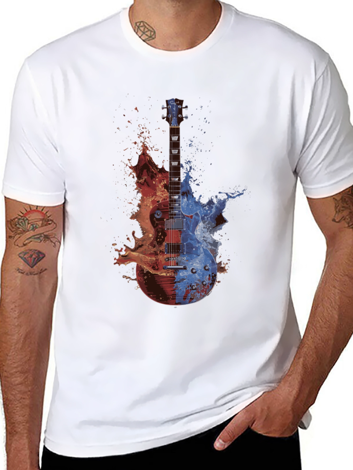Camiseta Negra Guitarra Fuego y Agua