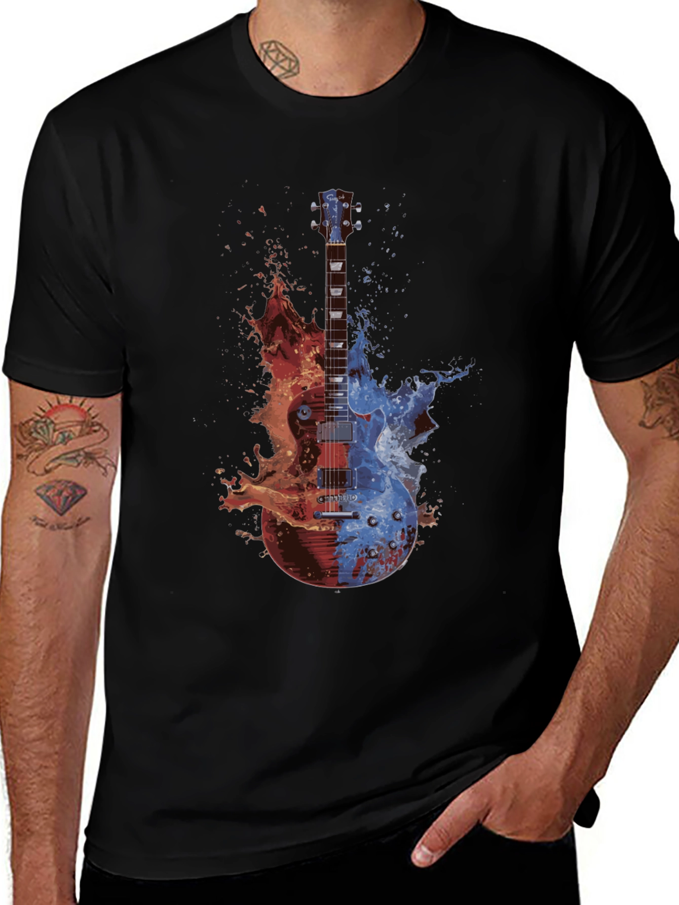 Camiseta Negra Guitarra Fuego y Agua