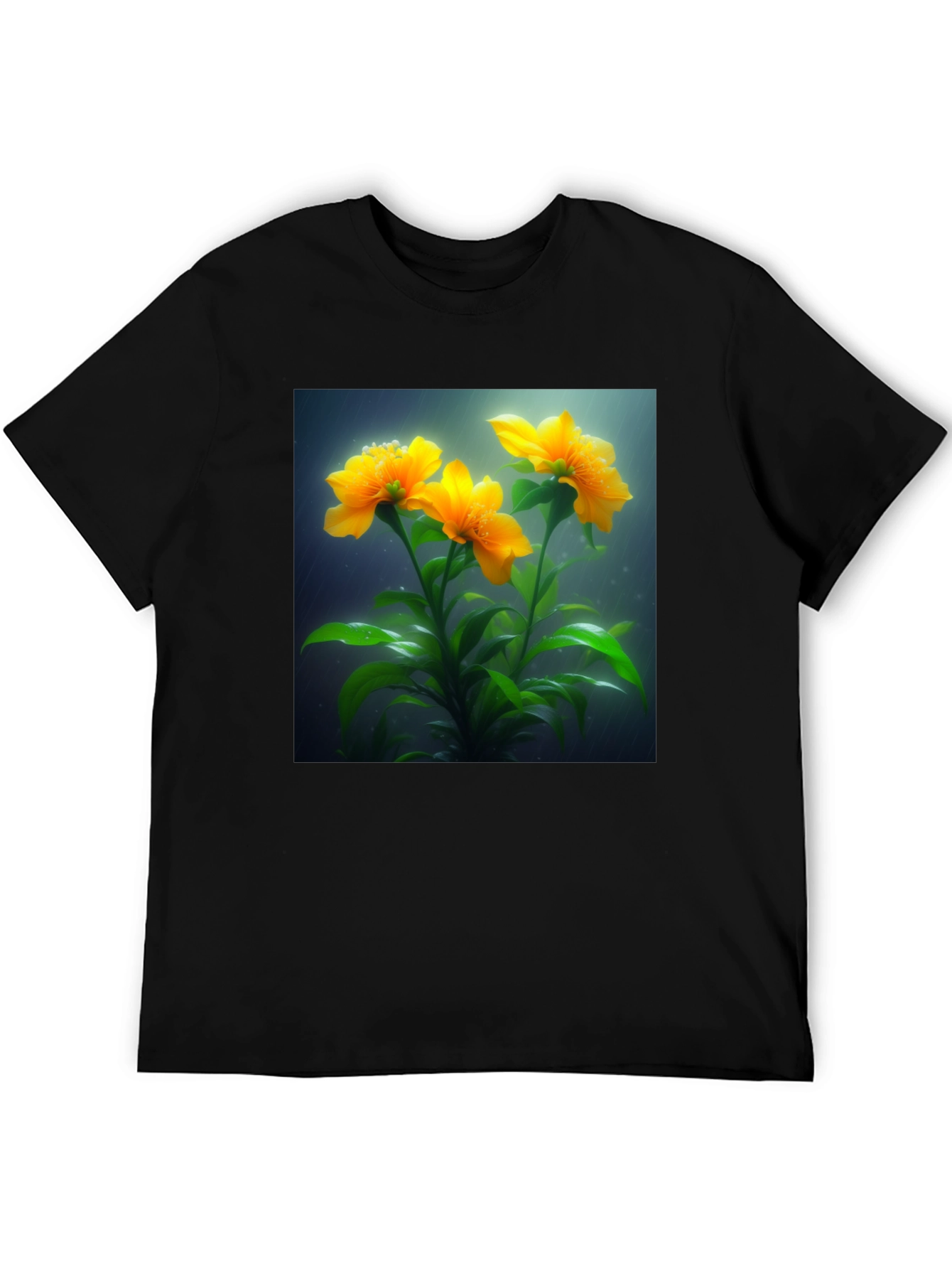 Camiseta Negra con Diseño Floral Amarillo