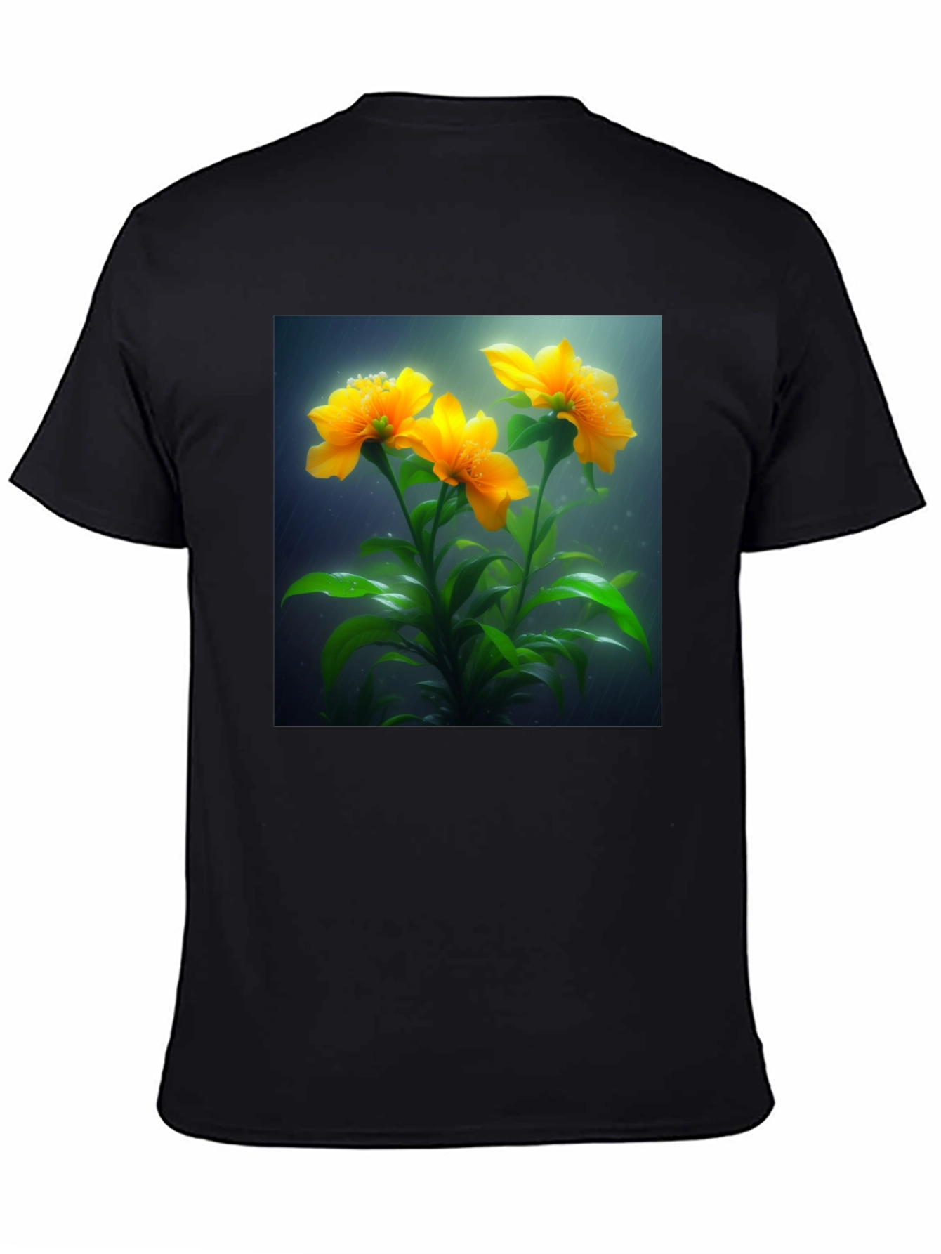 Camiseta Negra con Diseño Floral Amarillo