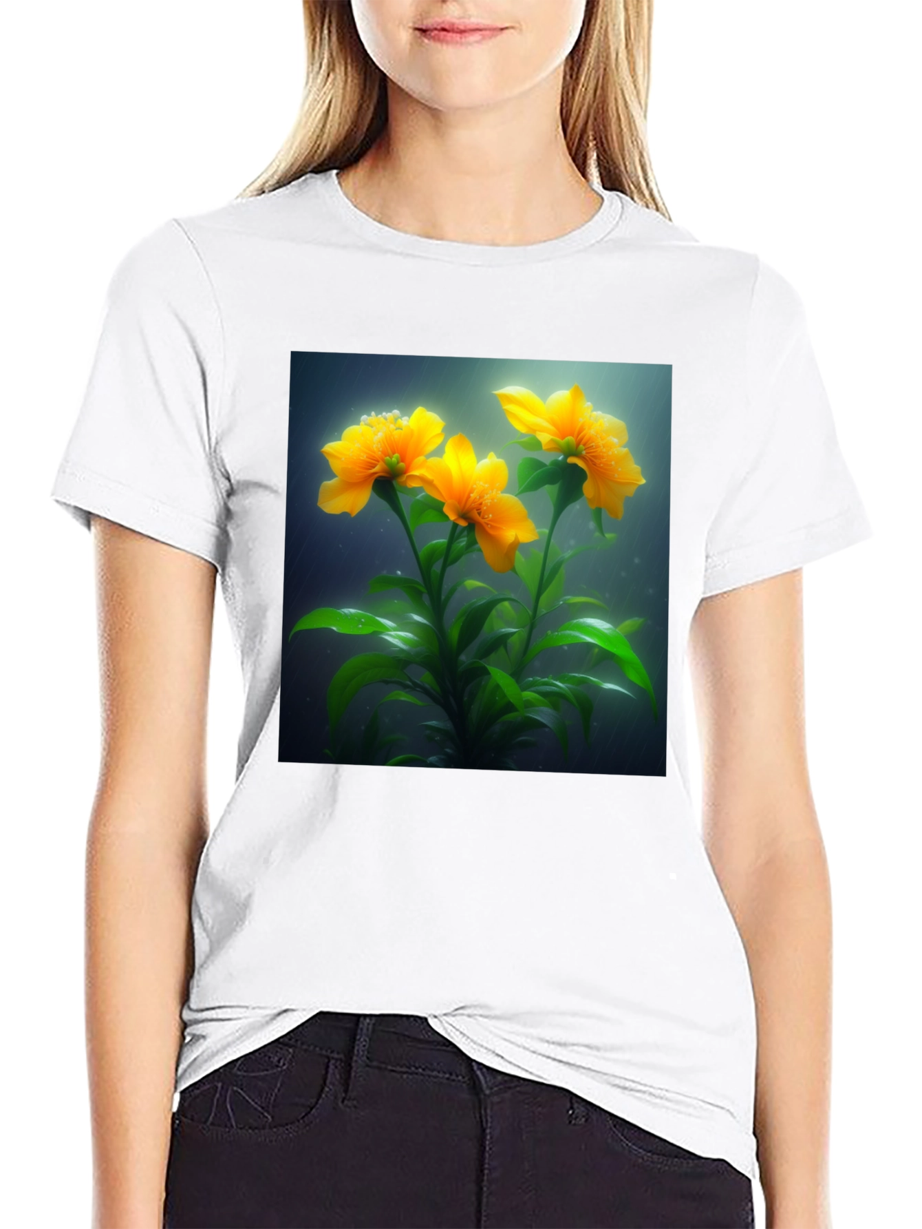 Camiseta Negra con Diseño Floral Amarillo