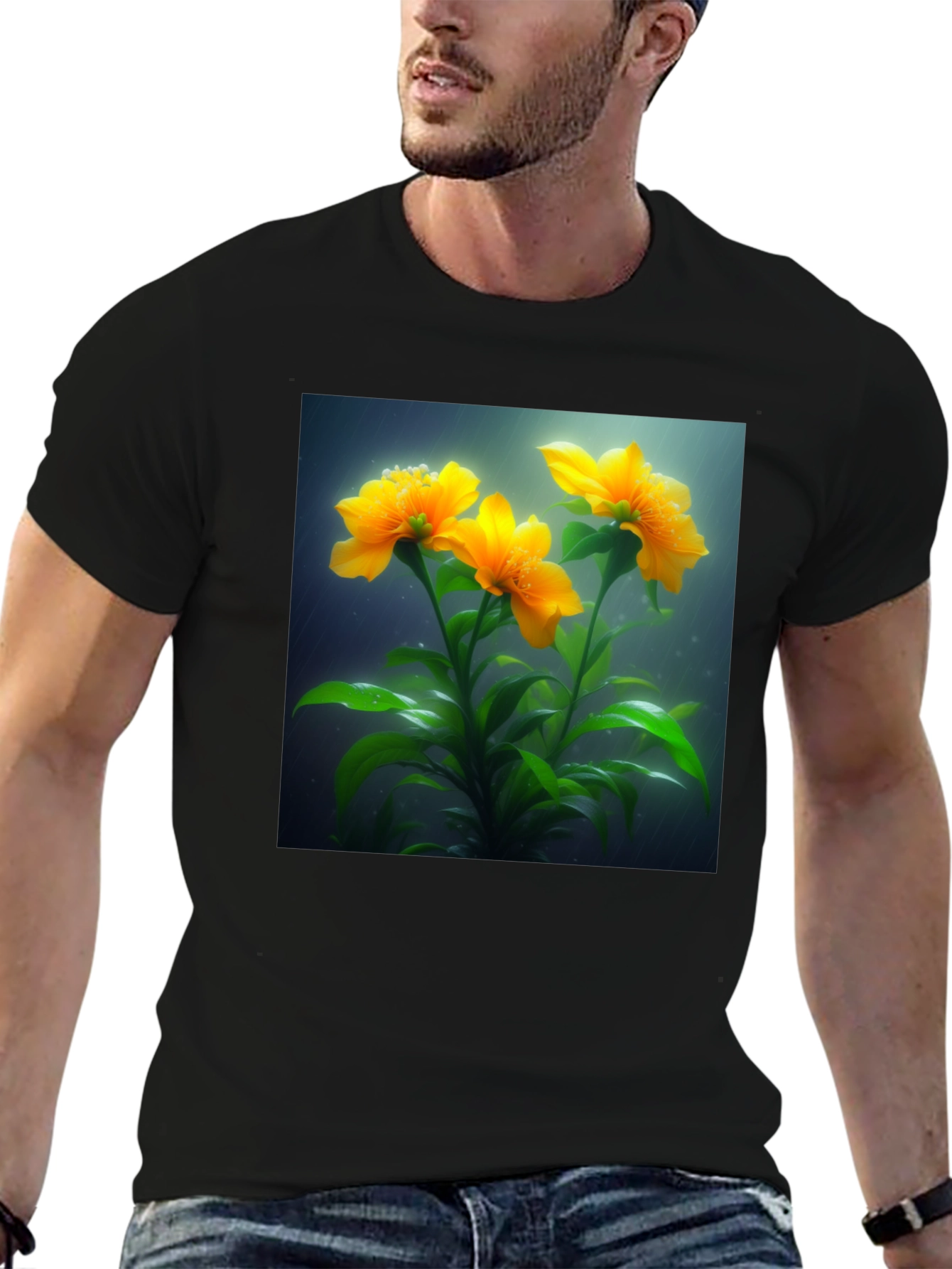 Camiseta Negra con Diseño Floral Amarillo