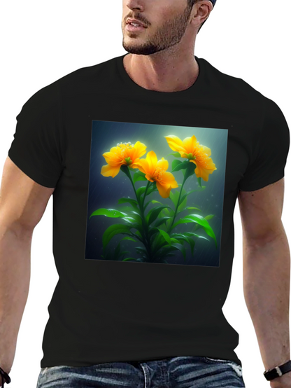 Camiseta Negra con Diseño Floral Amarillo